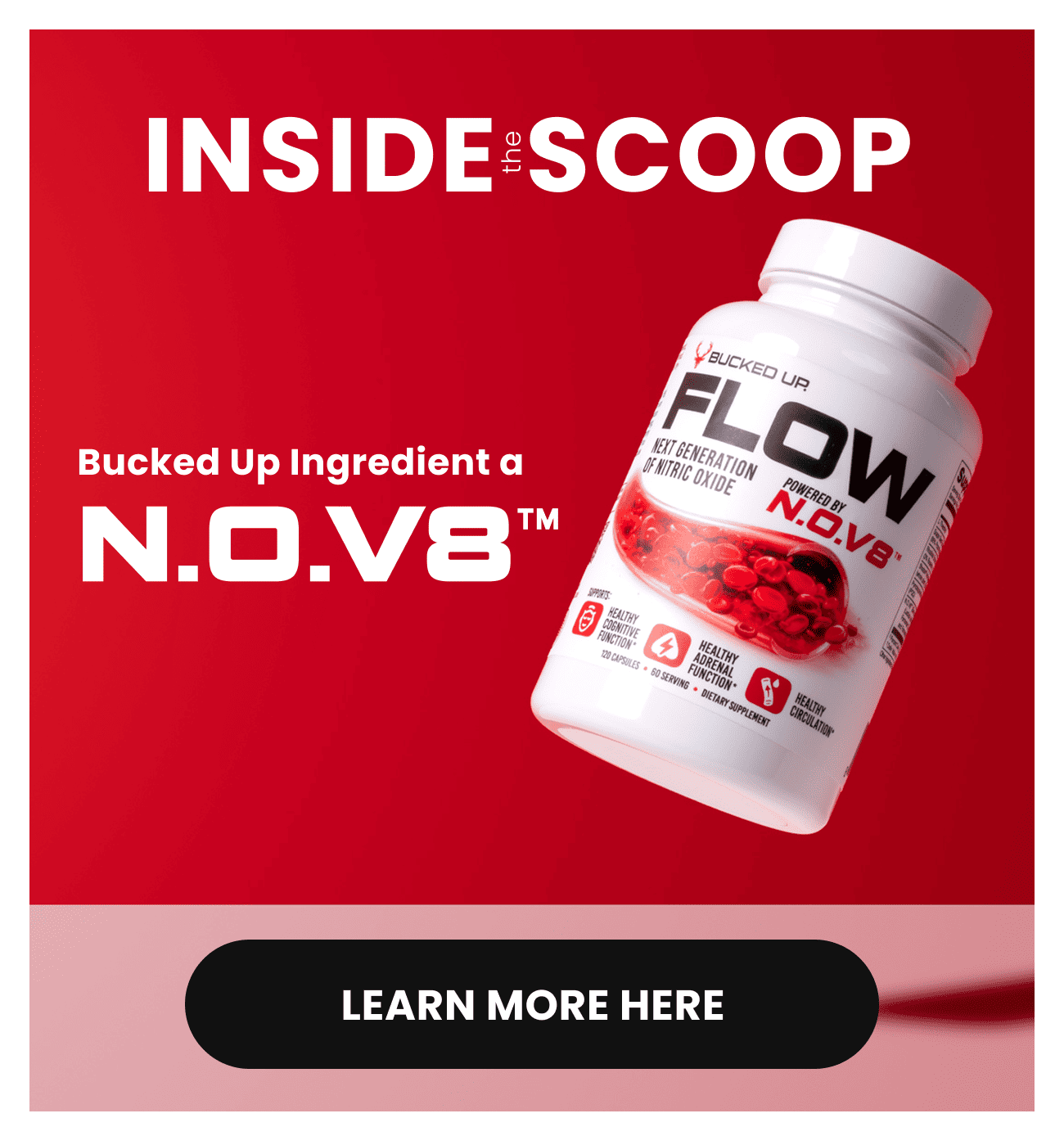Flow by Bucked Up powered by N.O.V8 next generation nitric oxide supplement. Learn More Here button