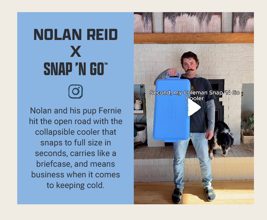 Text about Nolan Reid and Snap 'N Go cooler with Instagram icon. Man holds blue cooler next to a dog. Play button overlays video.