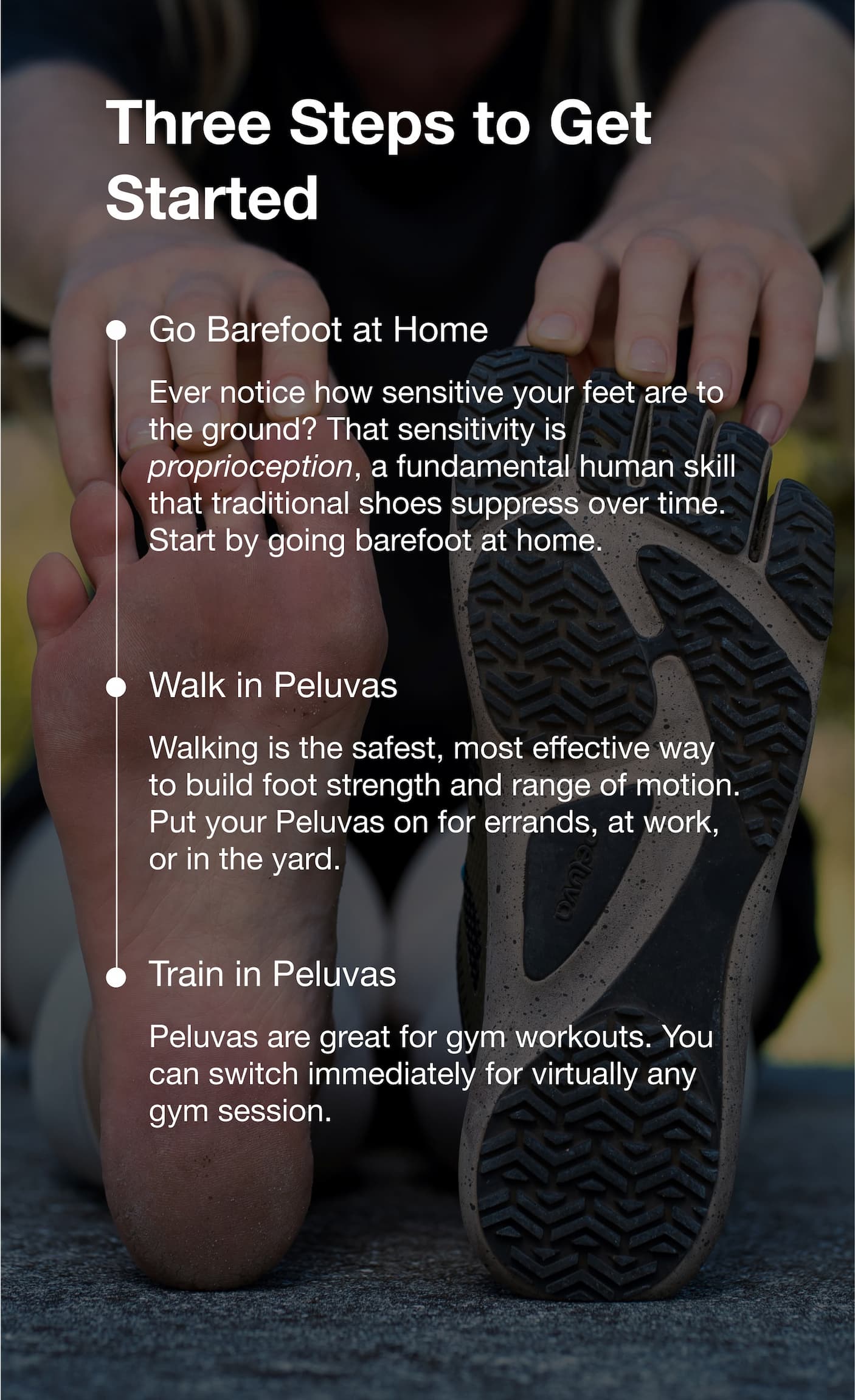 Three Steps to Get Started | Go Barefoot at Home, Walk in Peluvas, Train in Peluvas