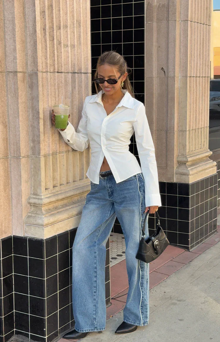 Image of Posey Mid Wash Contrast Seam Wide Leg Jeans