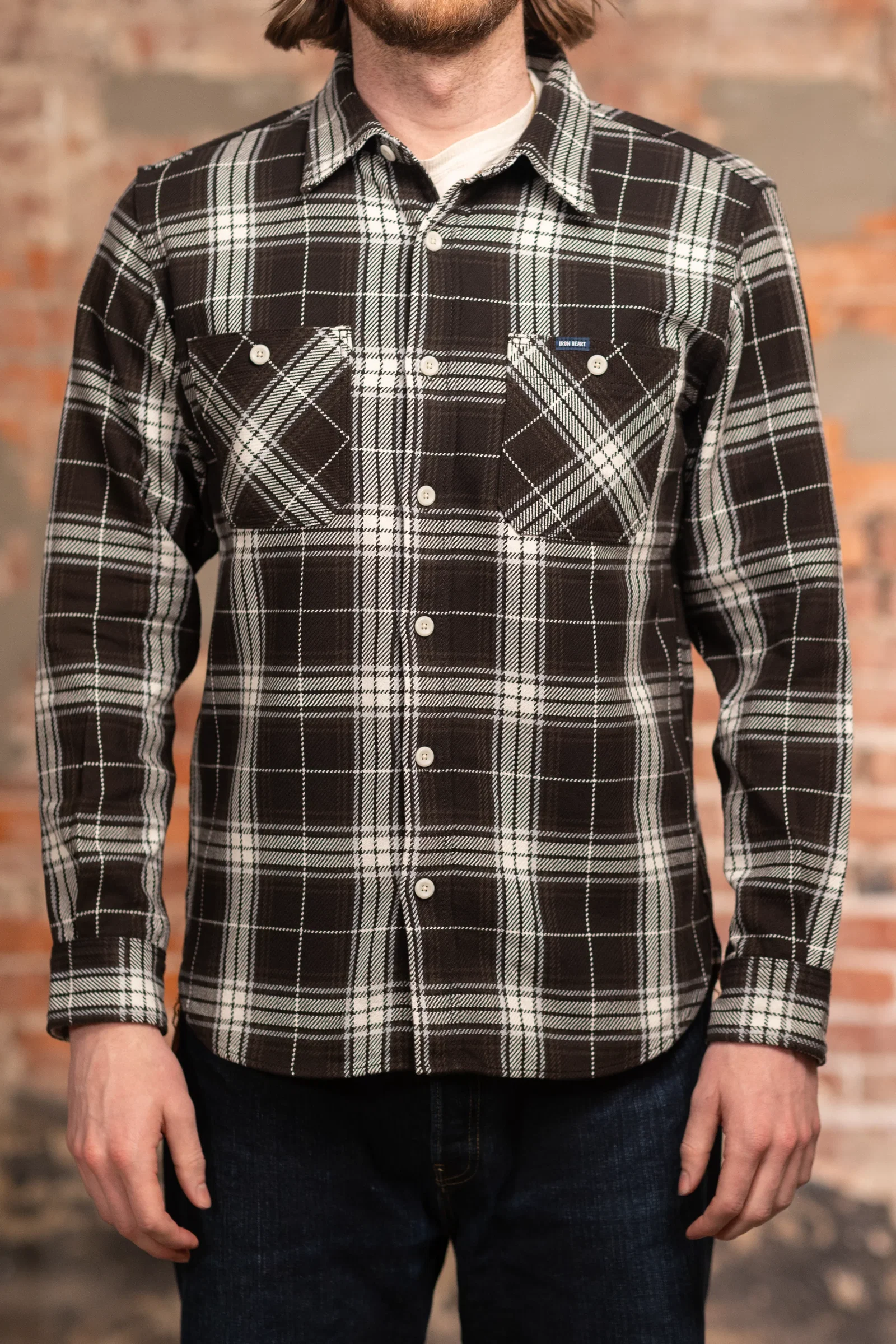 Image of Iron Heart IHSH-441-BLK 9oz Selvedge Flannel Check Work Shirt - Black