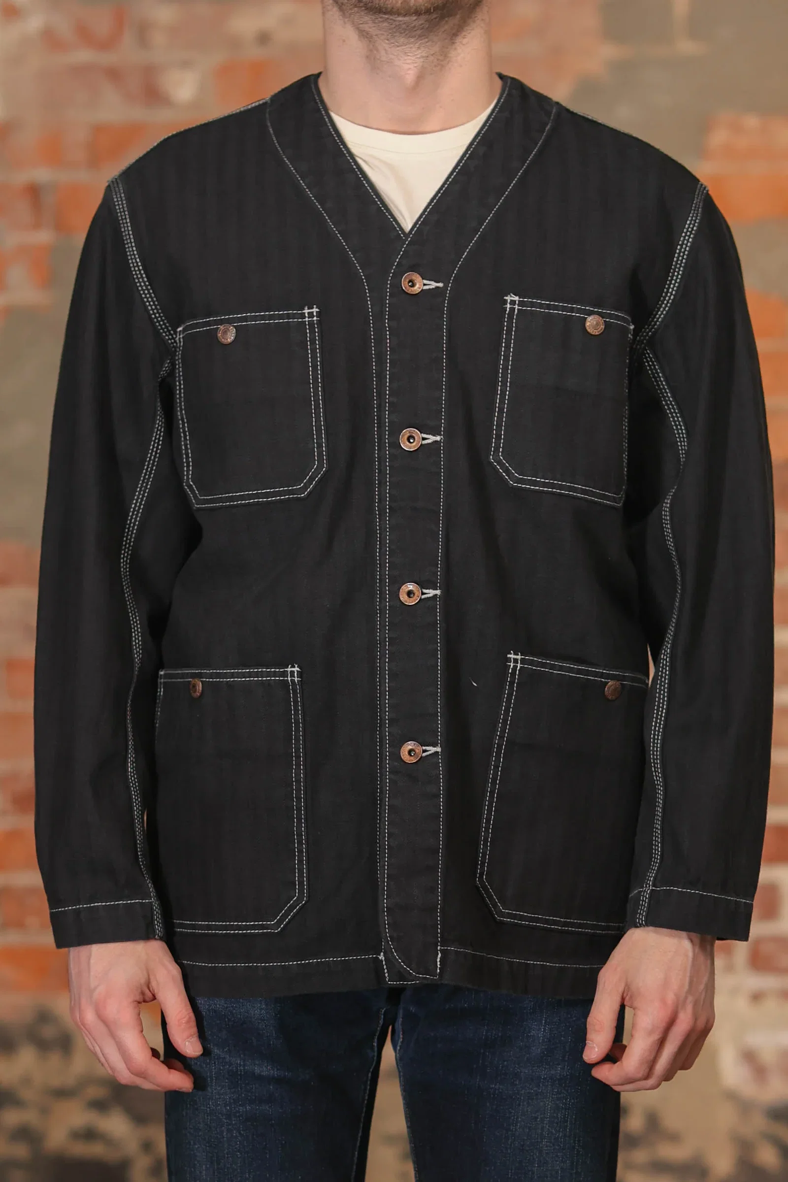 Image of Iron Heart IHJ-158-BLK 10.5oz Herringbone Collarless Chore Jacket - Black Overdyed Black