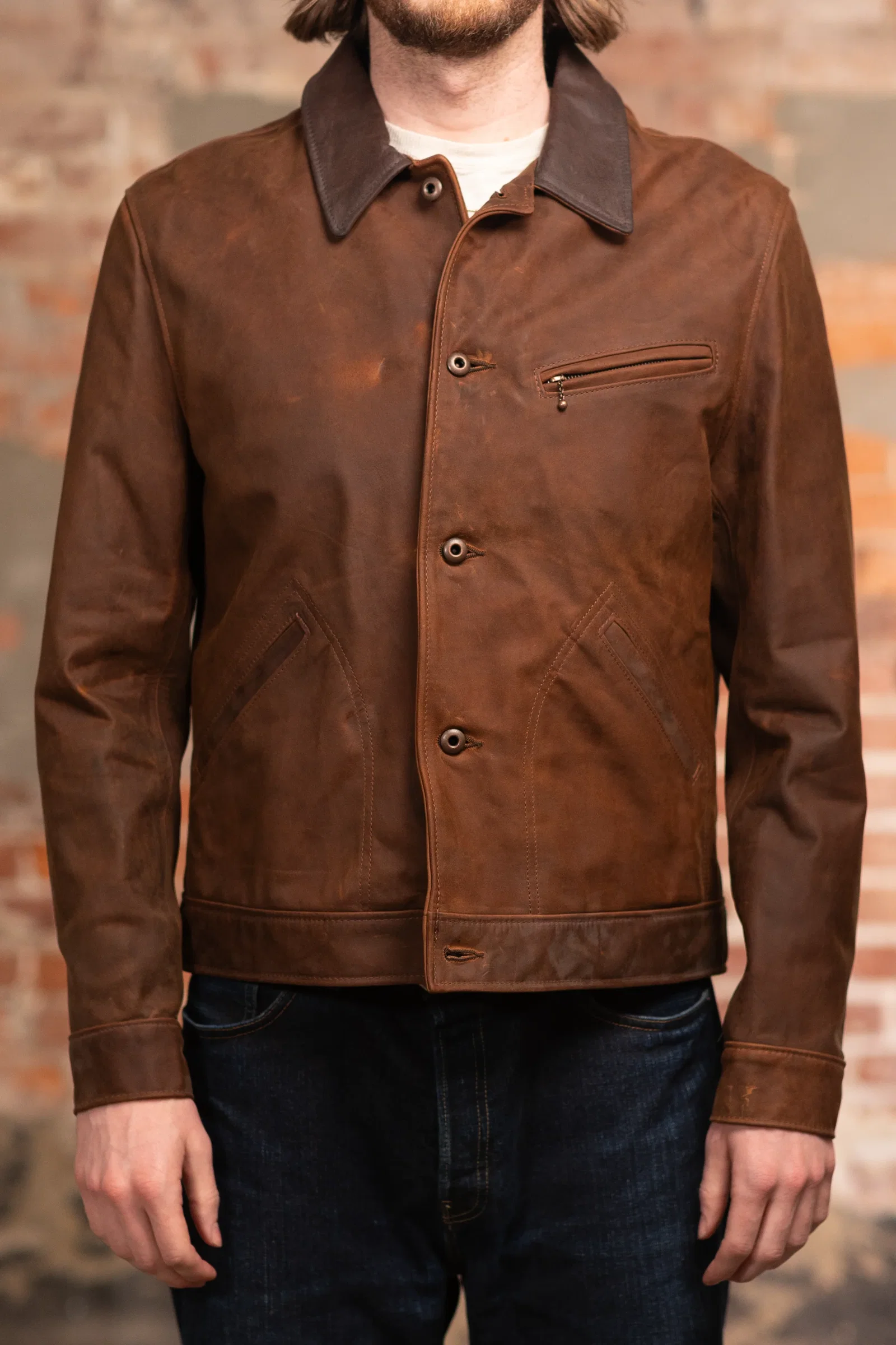 Image of Schott NYC 538 Nubuck Cowhide Mechanic's Jacket - Brown