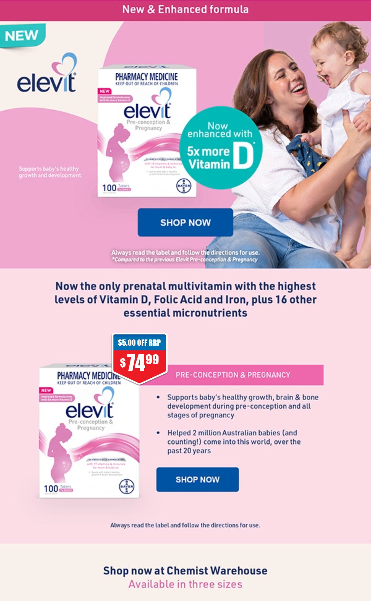 Elevit Pre-conception & Pregnancy 100 Tablets