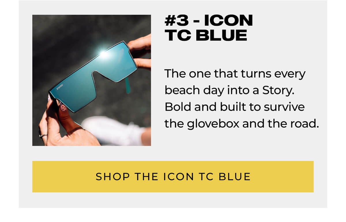 Icon Tc Blue sunglasses with blue lenses held in hands with description and shop button