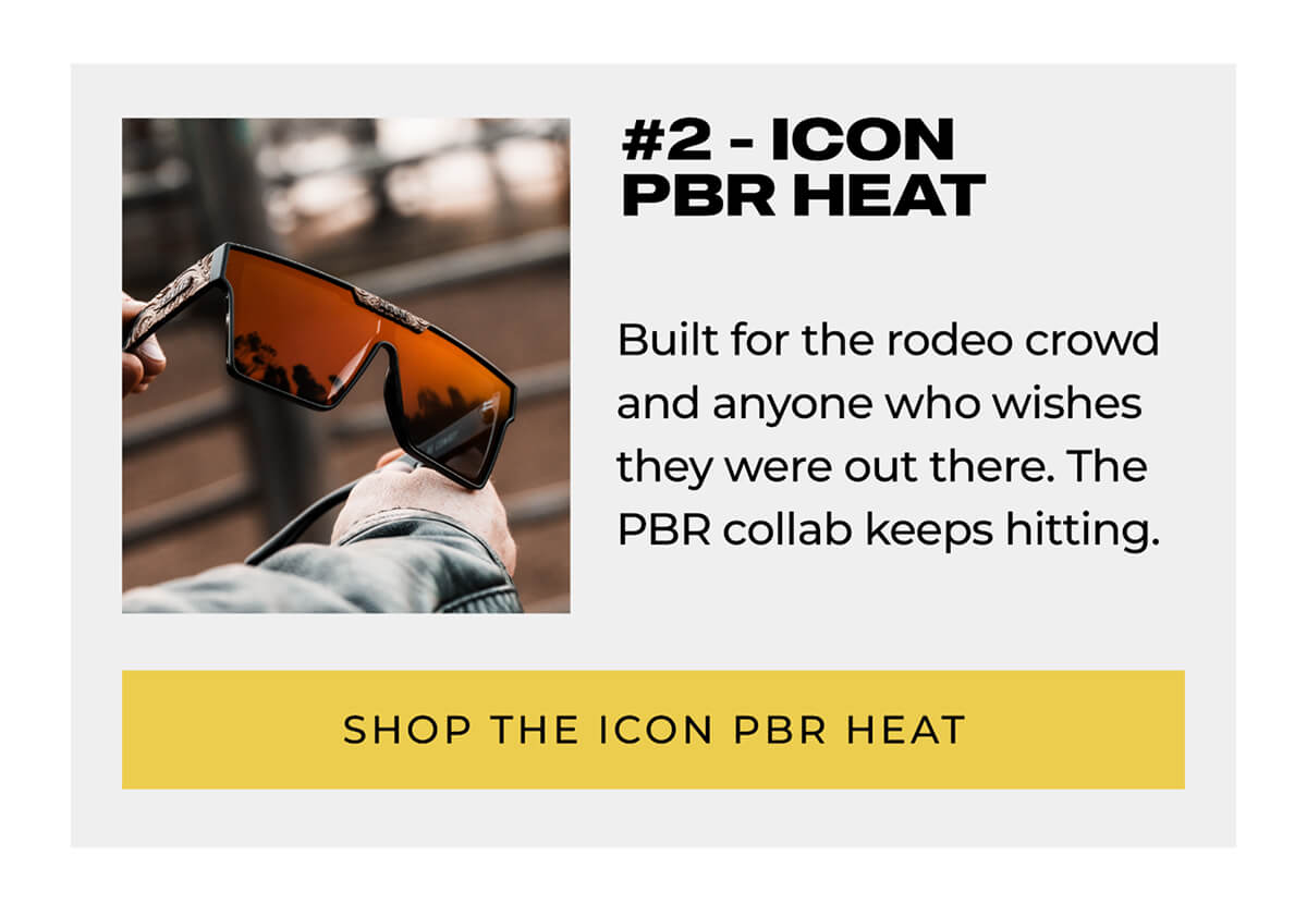 Icon Pbr Heat sunglasses with orange lenses worn outdoors with description and shop button