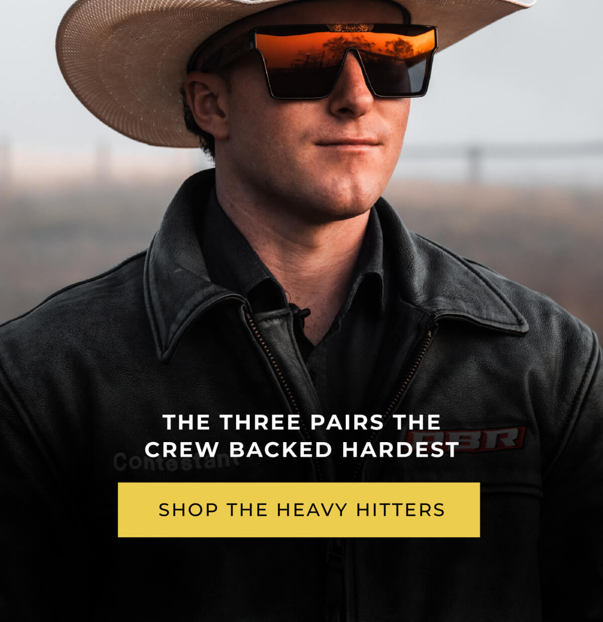 Legacy Pitch Black sunglasses held in hands with description and yellow shop button