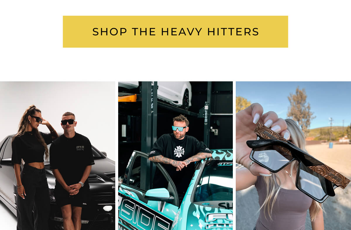 Three lifestyle photos showing people wearing various sunglasses with shop button above