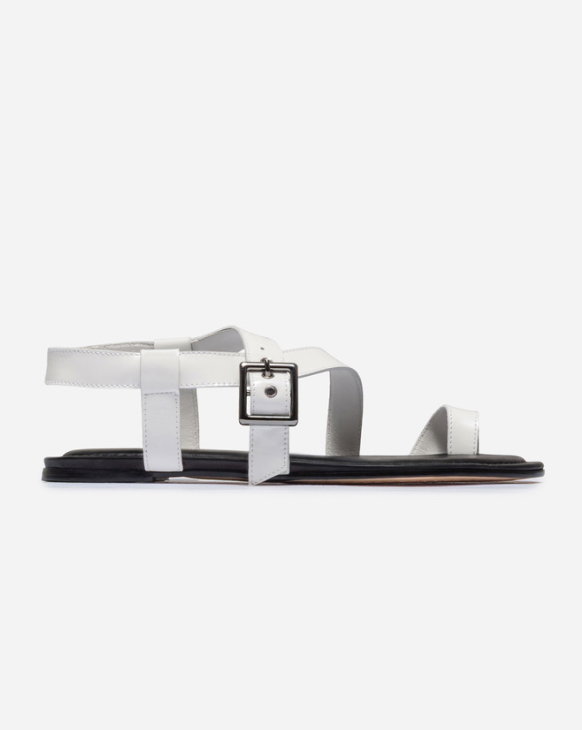 Hartshorn Asymmetric Sandal White Crinkle Gloss Leather