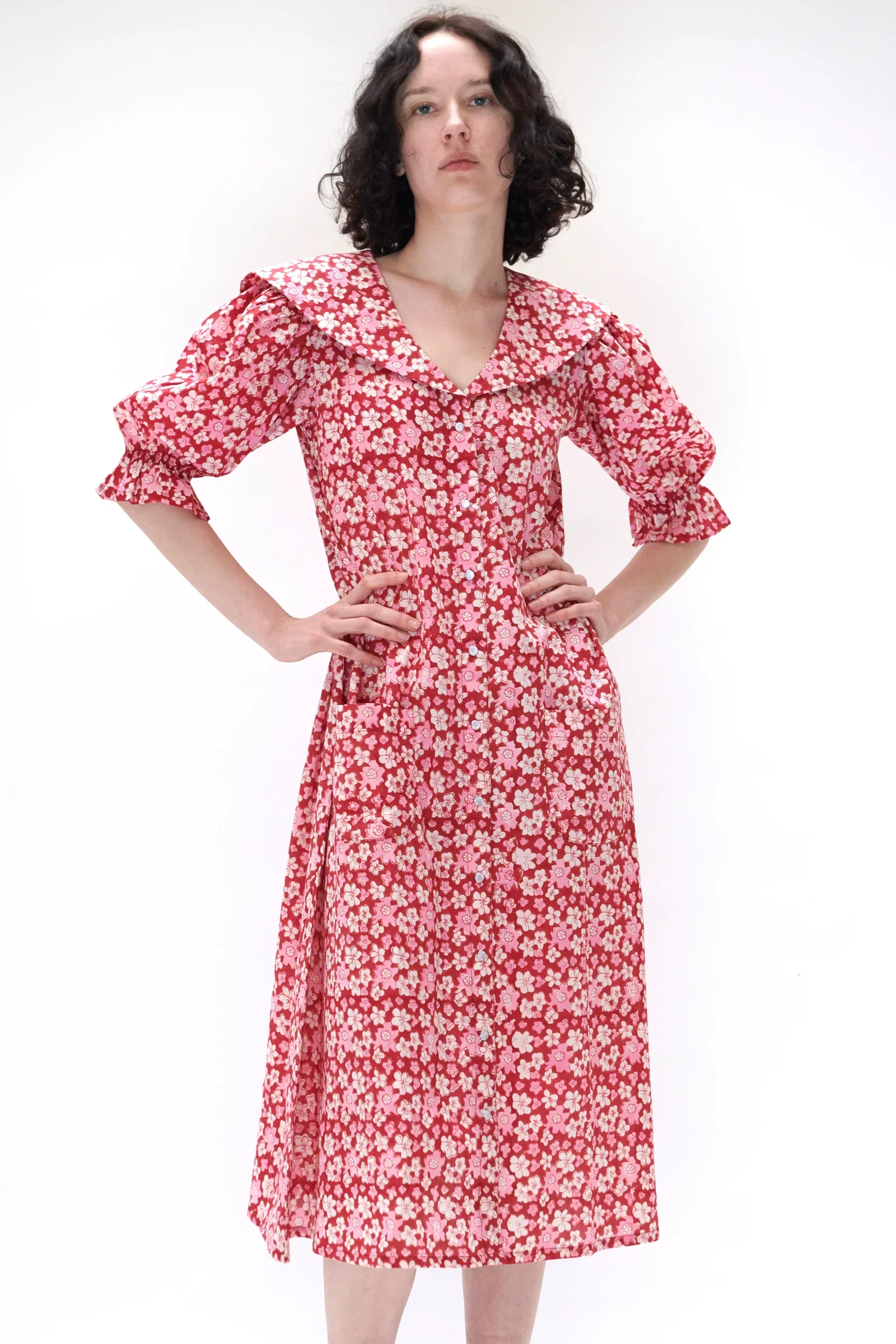 Image of Sailor Snap Housedress in Pink and Red Floral