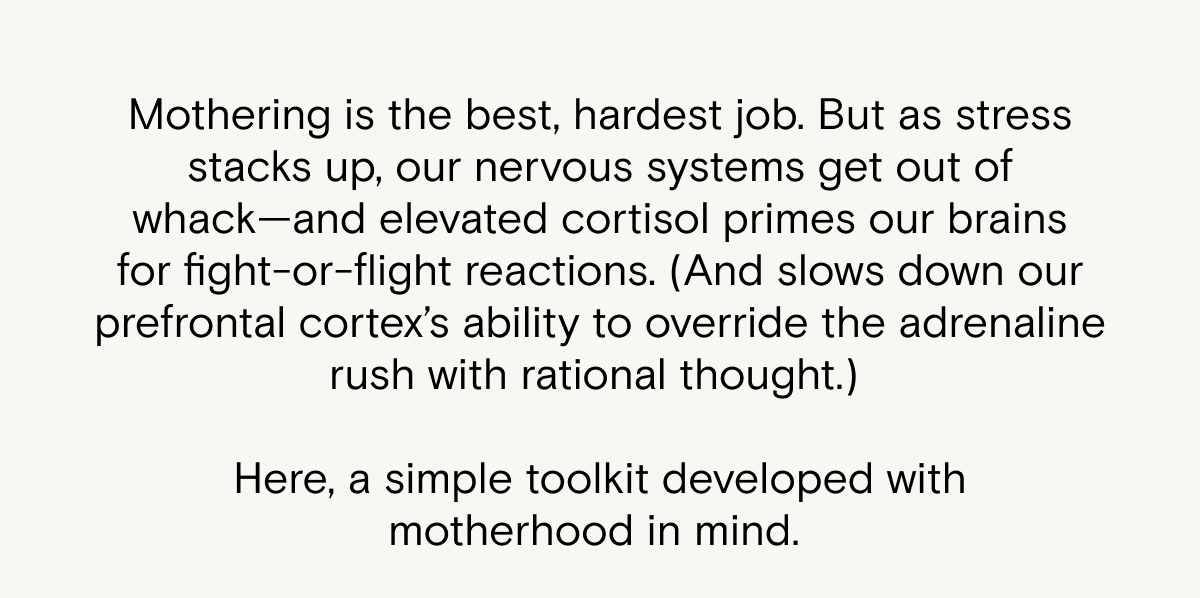 Mothering is the best, hardest job. But as stress stacks up, our nervous systems get out of whack—and elevated cortisol primes our brains for fight-or-flight reactions. (And slows down our prefrontal cortex’s ability to override the adrenaline rush with rational thought.) Here is a simple toolkit developed with motherhood in mind.