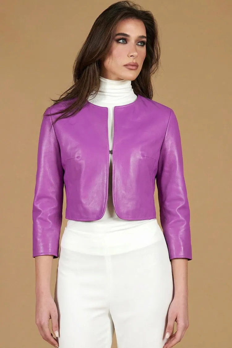Image of Giacca corta bolero in pelle naturale glicine girocollo