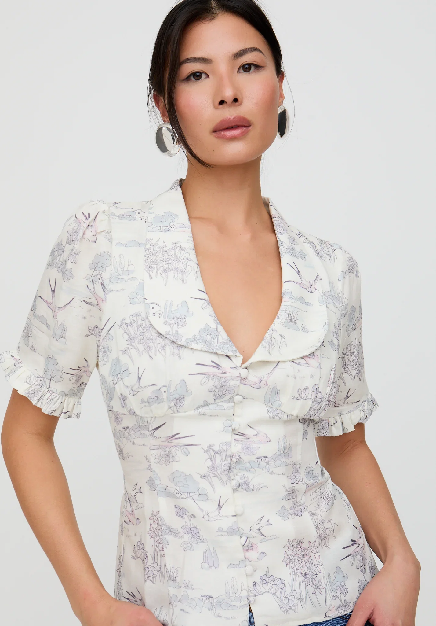 Image of Rachel Vintage Inspired Short Sleeve Josephine Print Shirt In Cream