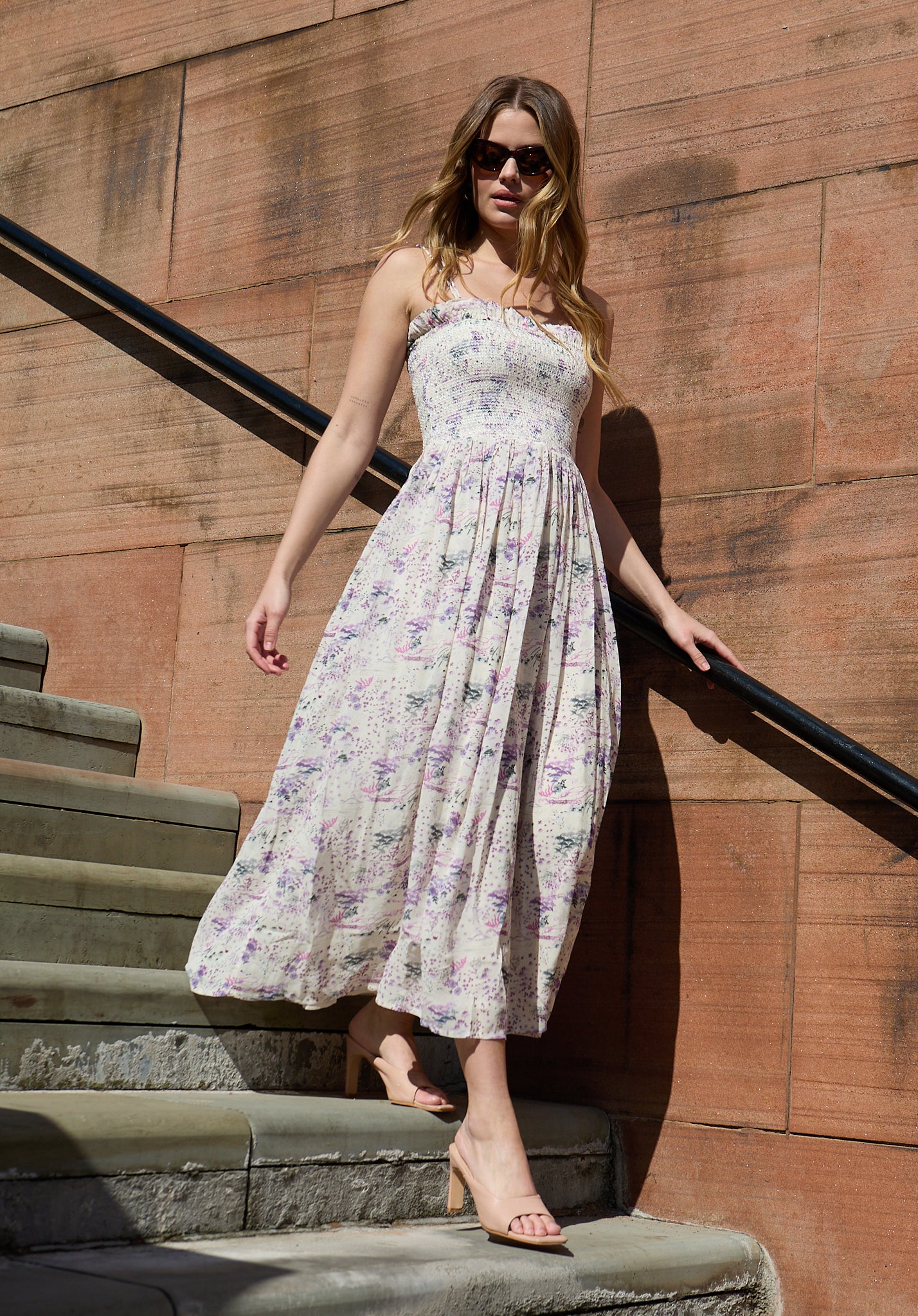 Image of Annie Smocked Wonderland Floral Print Midi Dress In Multi