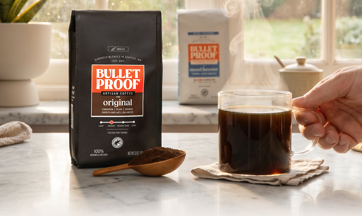 BULLETPROOF ARTISAN COFFEE the original CINNAMON | PLUM | ORANGE SMOOTH AND WELL BALANCED LIGHT MEDIUM MEDIUM-DARK DARK TESTED FOR TOXINS 100% ARABICA BEANS
