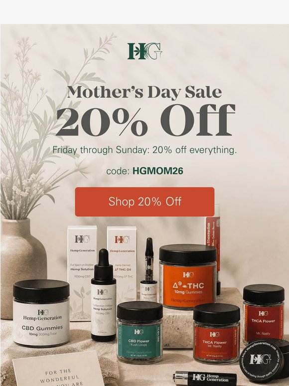 Mother's Day Weekend: 20% Off 🌸