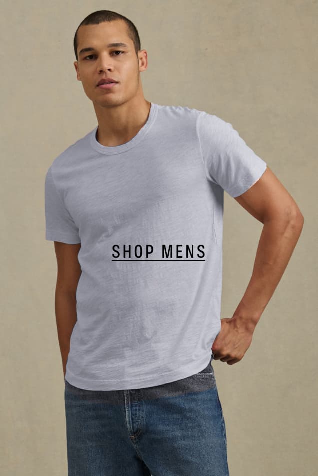 Model wearing Amaro Tee. Text reads SHOP MENS