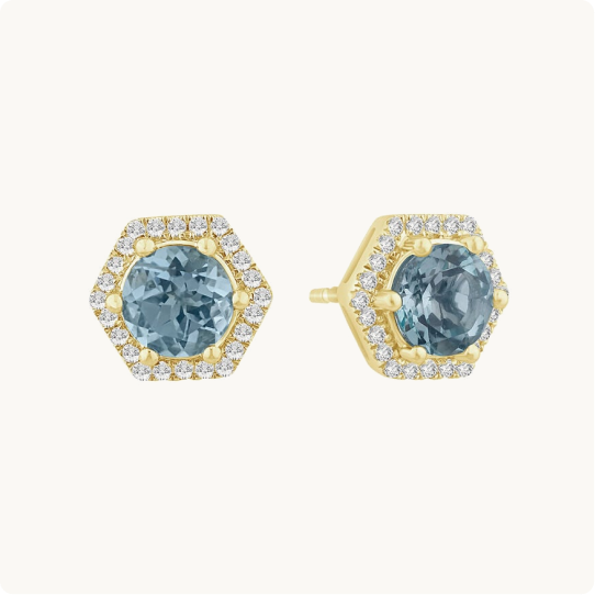 Round Blue Topaz & Diamond Hexagon Stud Earrings in 10k Yellow Gold