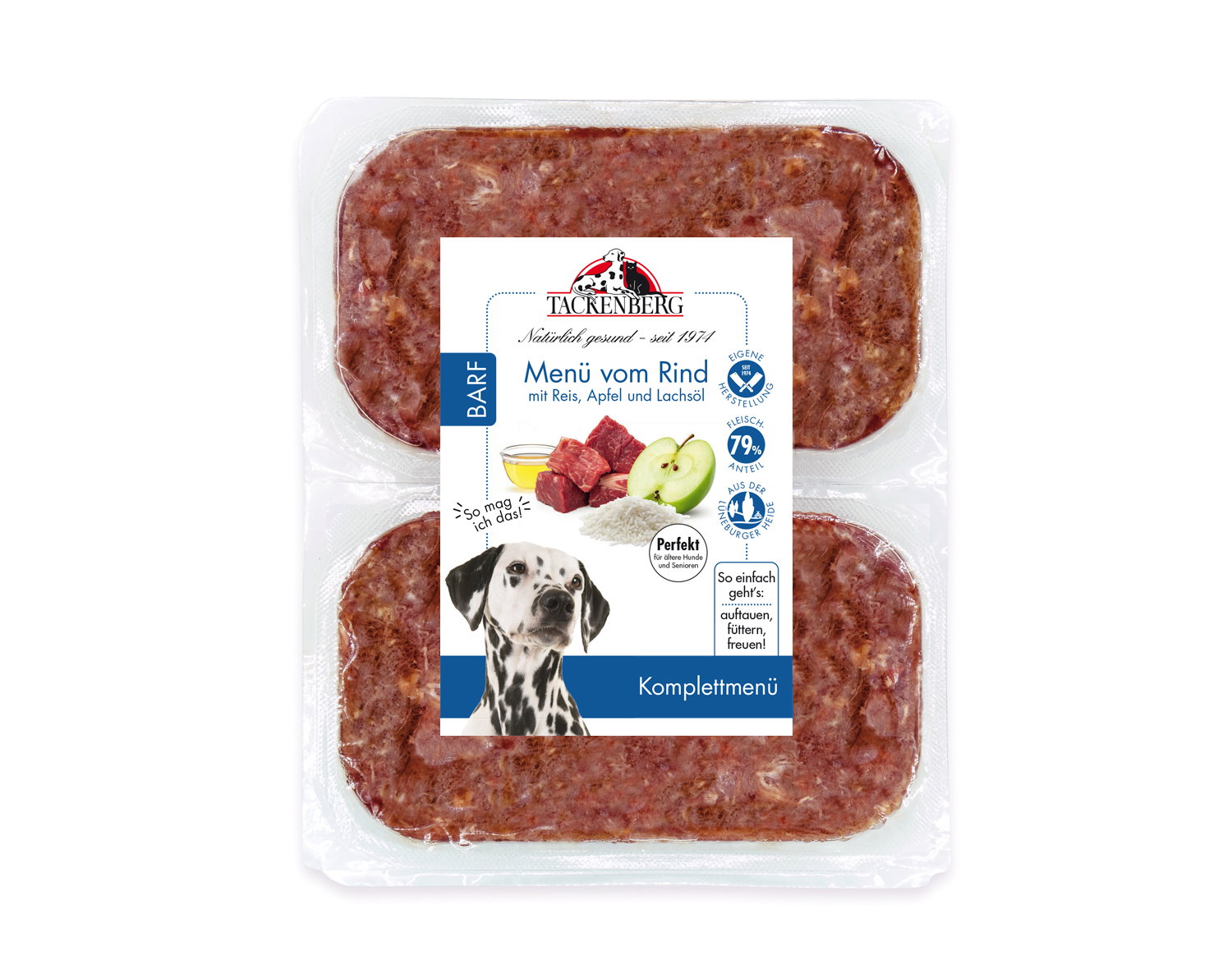 BARF Menü vom Rind mit Reis, Apfel und Lachsöl