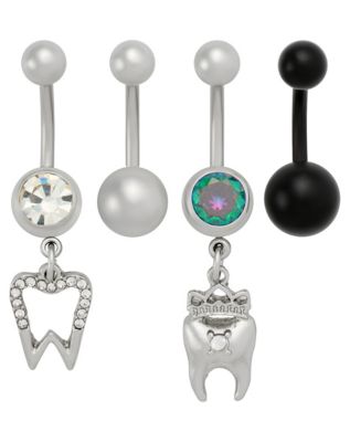 Multi-Pack CZ Iridescent Tooth Dangle Belly Rings 4 Pack - 14 Gauge