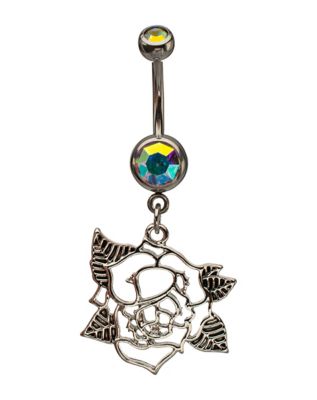 Iridescent CZ Rose Silver-Tone Dangle Belly Ring - 14 Gauge