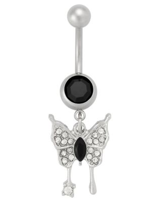 CZ Silver-Tone Black Gem Titanium Dangle Belly Ring - 14 Gauge