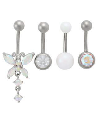 Multi-Pack Titanium Butterfly Aurora Borealis Effect Dangle Belly Rings 4 Pack - 14 Gauge