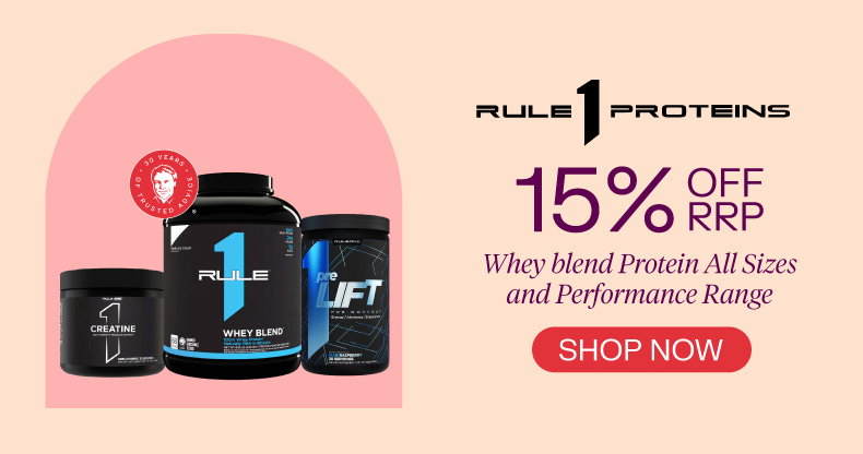 Rule 1 Whey blend Protein all sizes and performance range 15% off RRP 