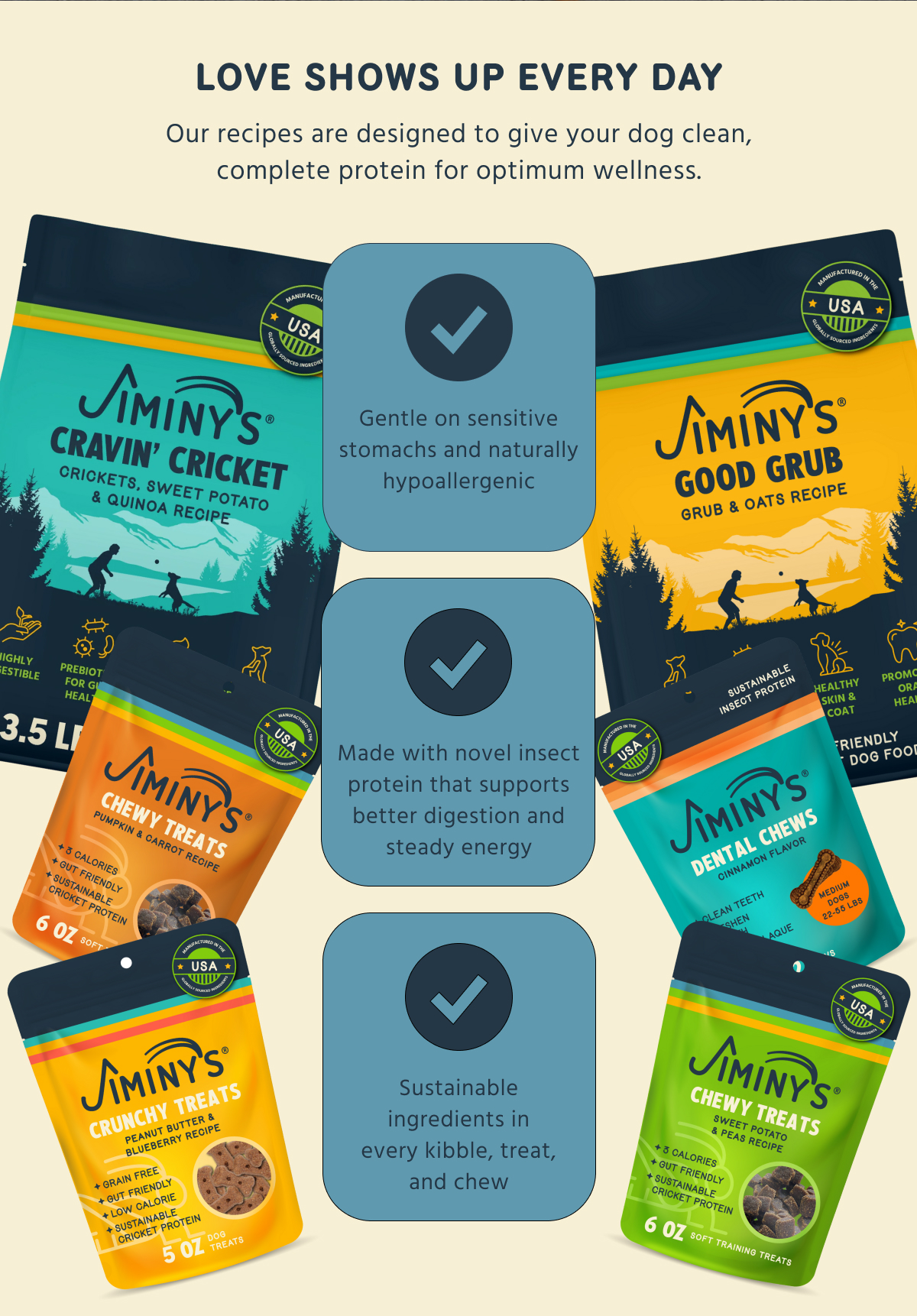 LOVE SHOWS UP EVERY DAY   Our recipes are designed to give your dog clean, complete protein for optimum wellness.  Gentle on sensitive stomachs and naturally hypoallergenic Made with novel insect protein that supports better digestion and steady energy Sustainable ingredients in every kibble, treat, and chew