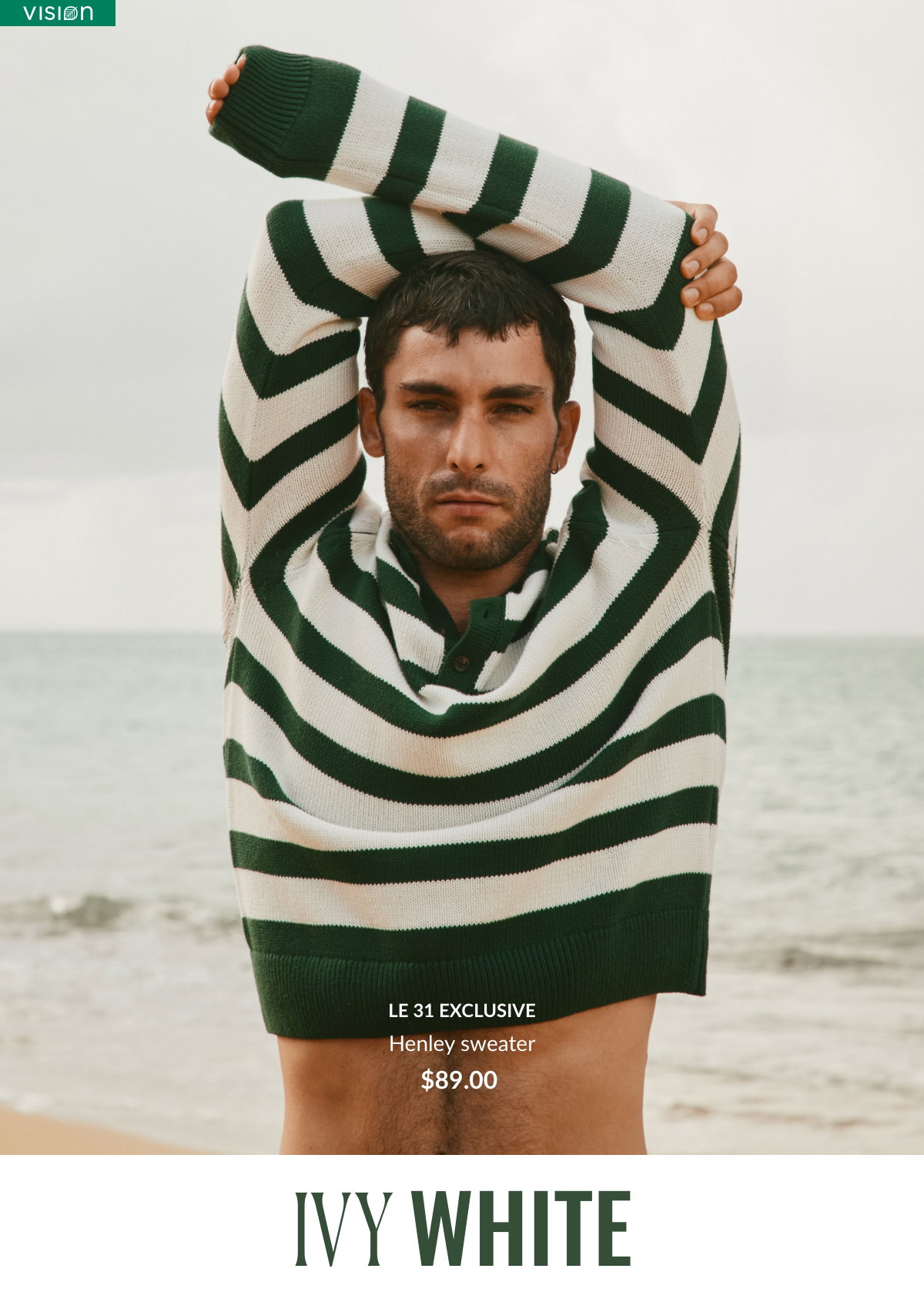 Men's striped sweater in ivy green and white for $89.00