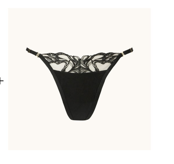 Designer Collection Thong Panty with Tidal Wave Embroidery in Rosetan w/ Tuxedo Black