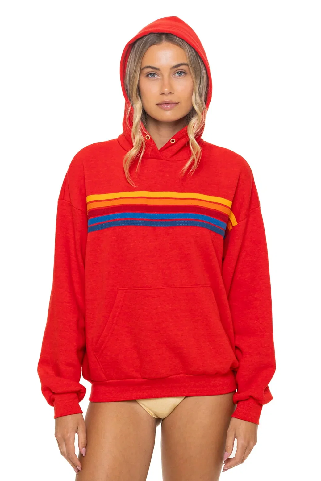 Image of 5 STRIPE RELAXED PULLOVER HOODIE - RED