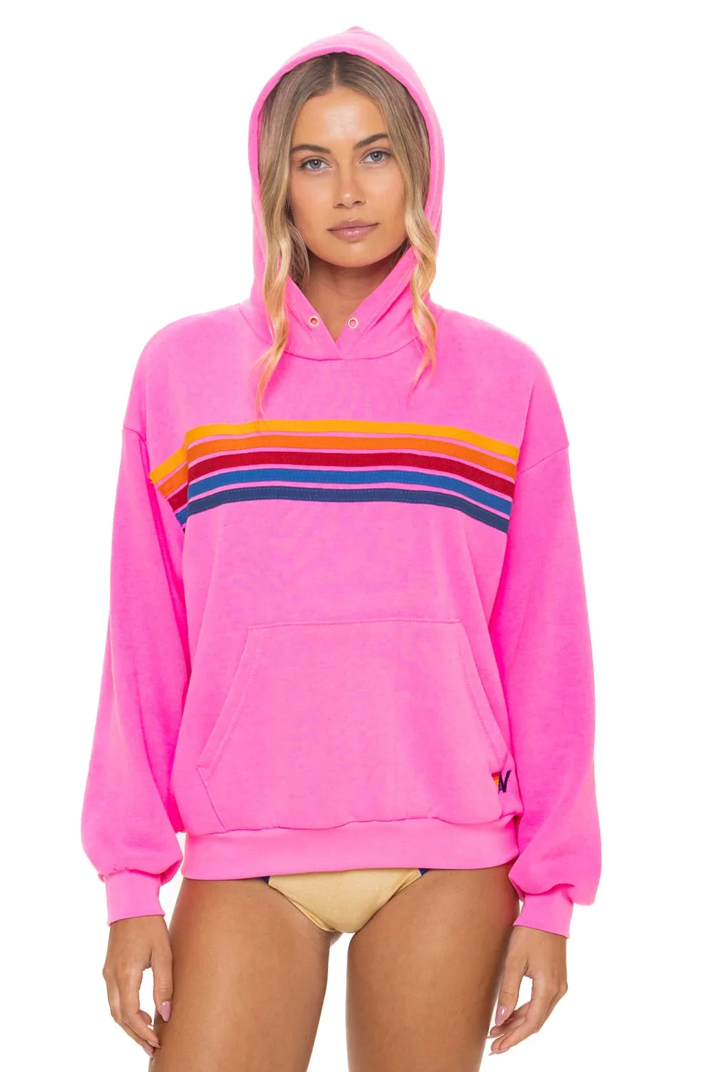 Image of 5 STRIPE RELAXED PULLOVER HOODIE - NEON PINK