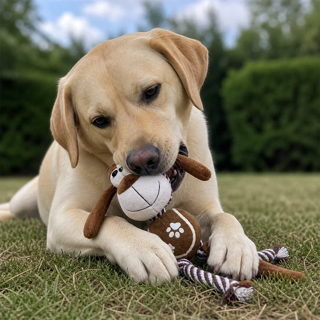Yellow Labrador Retriever lying on grass with plush toy in mouth, mountains and hedges in background