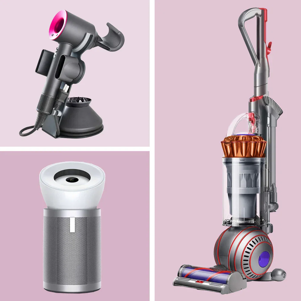 Dyson product collection featuring a hair dryer, air purifier, and upright vacuum cleaner on pink background