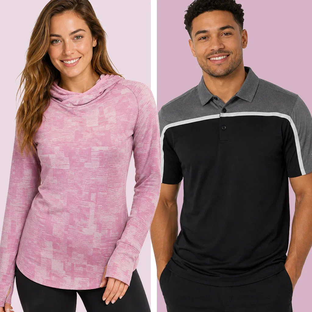 Columbia sportswear collection: woman in pink heathered hoodie and man in colorblock polo shirt on pink background.