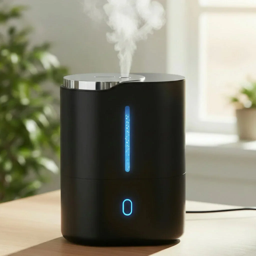 Black ultrasonic humidifier with blue LED display and water level indicator, releasing steam in a bright room with plants.