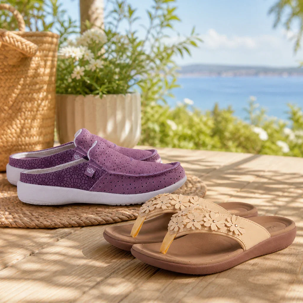Spenco footwear collection displayed on wooden deck with ocean view, featuring purple clogs and beige flip-flops.