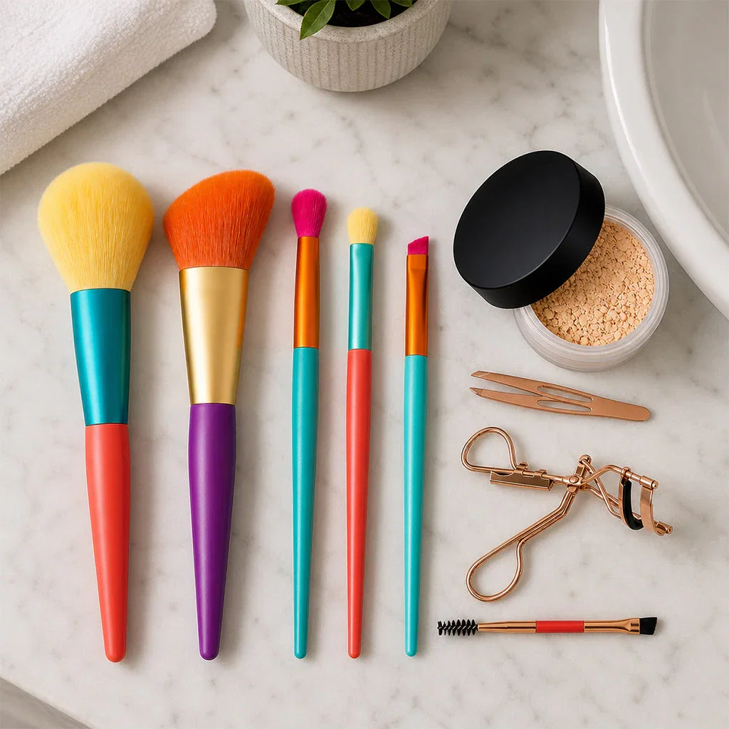 Colorful makeup brushes and beauty tools arranged on marble surface with loose powder and tweezers for Makeup Trends collection.