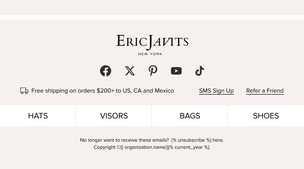Eric Javits logo with links to social media and text about free shipping and SMS sign up.