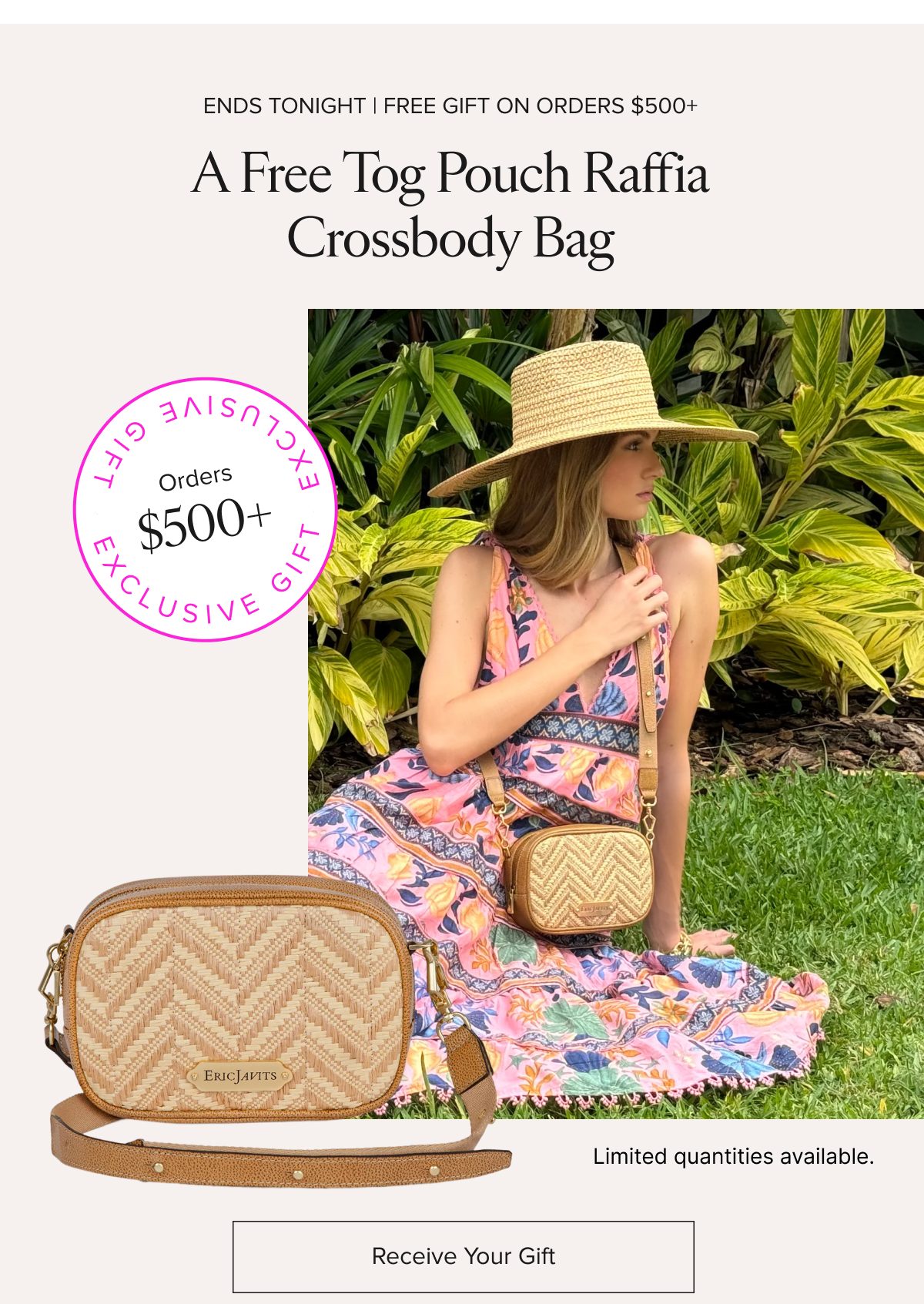 A woman sitting outdoors in a colorful dress, holding a raffia crossbody bag.