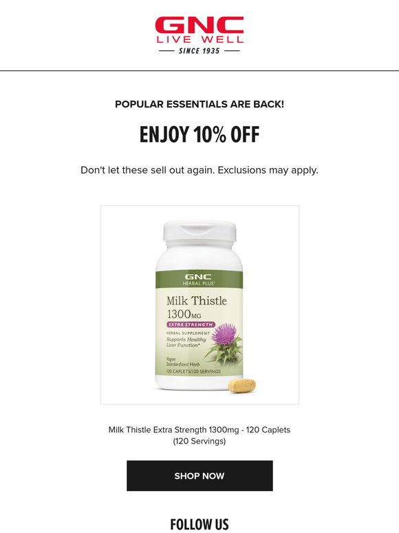 We brought Milk Thistle Extra Strength 1300mg - 120 Caplets (120 Servings)  back! Here's 10% off
