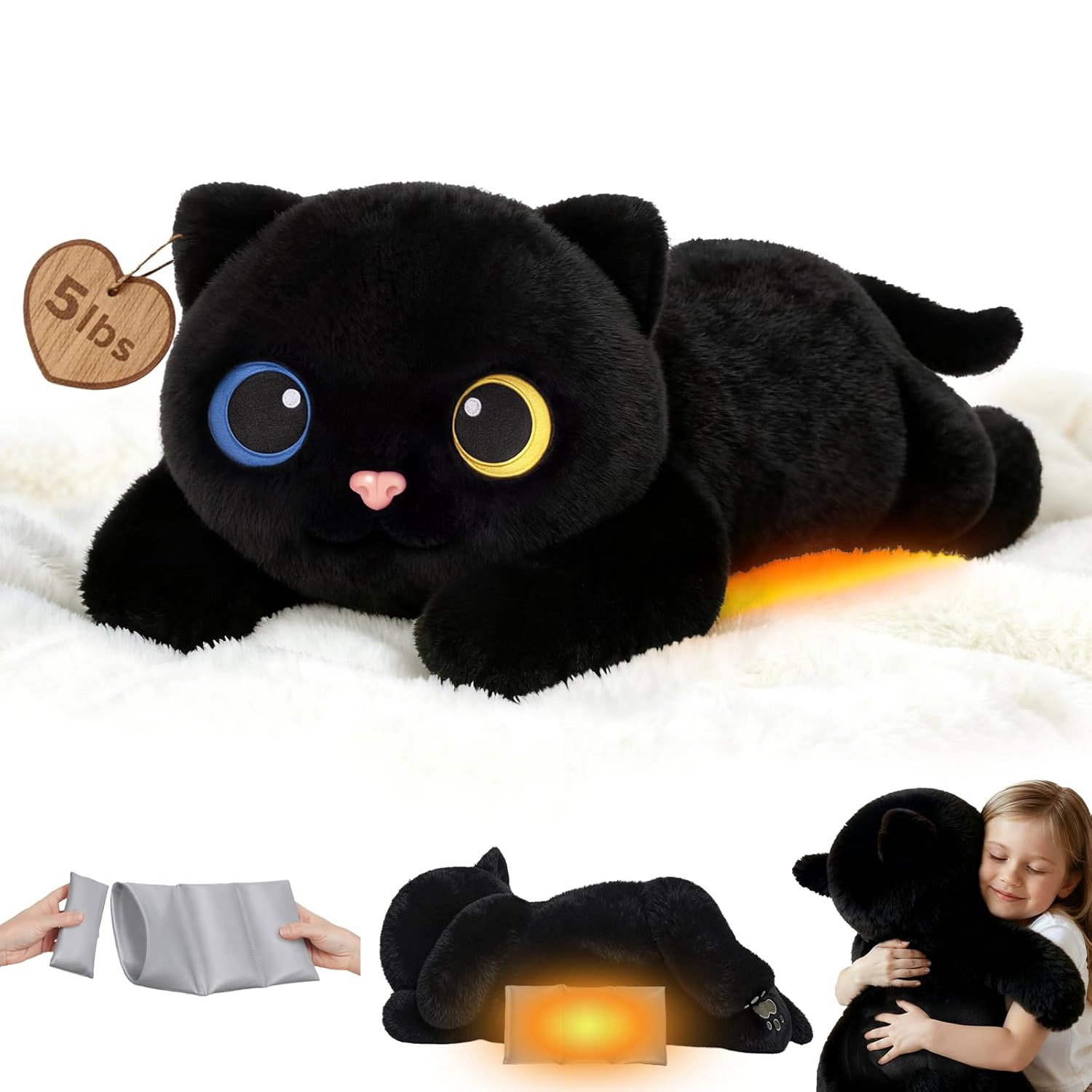 Mewaii® Weighted Stuffed Animals with Microwavable Heating Pad - 5lb Adjustable, Heatable & Coolable Plush for Realistic Hug（Black Cat，23 INCH）