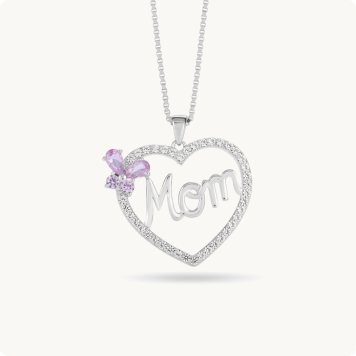 Created Pink Sapphire Butterfly and Created White Sapphire Heart Mom Pendant in Sterling Silver