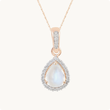 Pear Shaped Rainbow Moonstone & Diamond Pendant in 14k Rose Gold