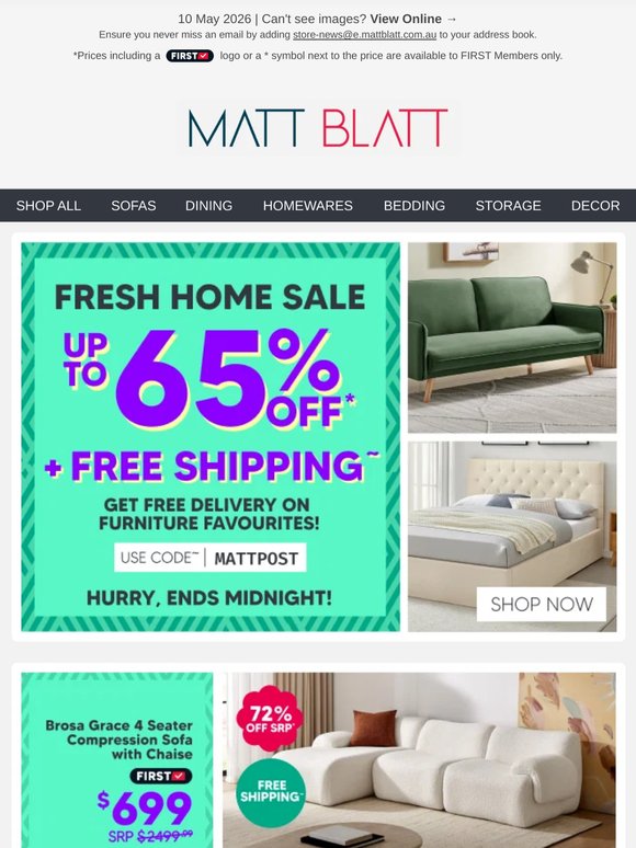Hurry, Up to 65% OFF + Free Shipping in our Fresh Home Sale Ends MIDNIGHT!