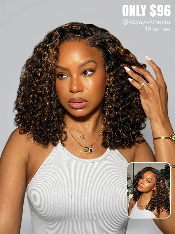 AlwaysAmeera Same | Wavymy TikTok Viral Pre-cut Lace Wear Go Casual Blonde Highlights Water Wave Minimalist 7x5 Lace Wigs Dome Cap Glueless with Natural Hairline Wig