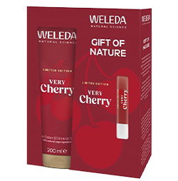 Weleda 'Gift of Nature' Very Cherry gift set with 200ml body cream and matching cherry lip balm in red packaging