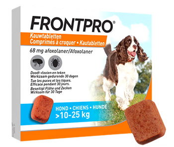 Frontpro chewable flea and tick tablet 68 mg afoxolaner for dogs 10–25 kg, packaging with springer spaniel and sample tablet