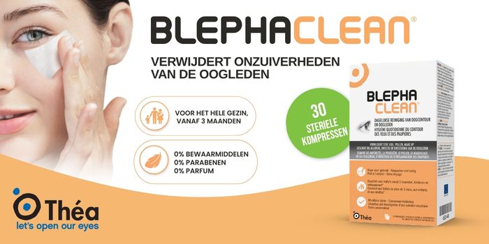 BlephaClean sterile eyelid wipes box and woman wiping eye, removes eyelid impurities, family use from 3 months, preservative-free